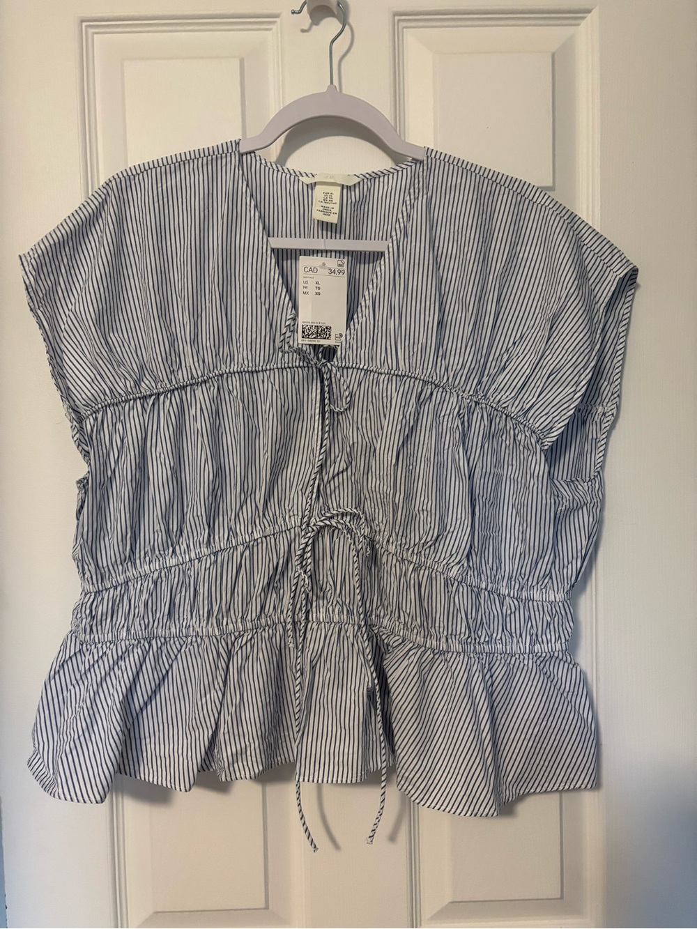 H&M Blue and White Striped Drawstring Peplum Blouse